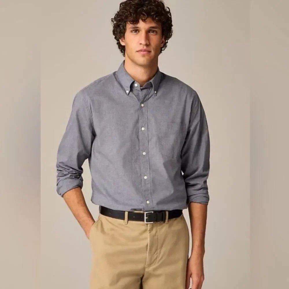 J. Crew Men's Slim Secret Wash Cotton Poplin Shirt in Smoky Slate Size Large